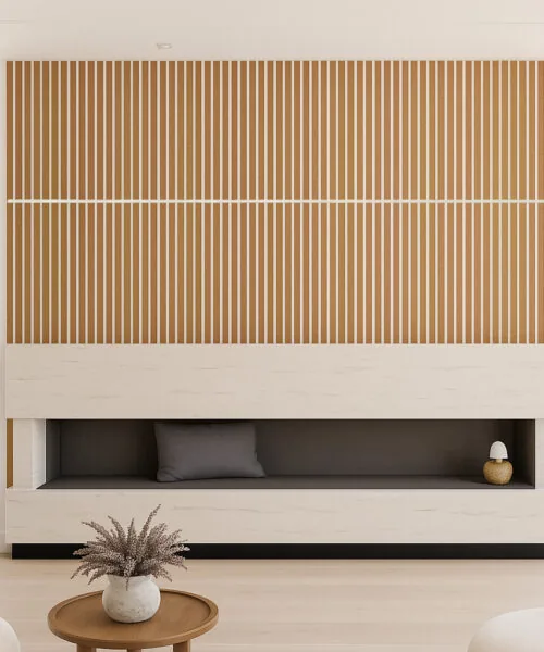 Slatwall White Natural 43/64” (17Mm) 3D Acoustic Cork Wall Panels Luxury Living Room With Fireplace Surrounded By Slatwall White Natural Cork Wall Panels, Creating A Refined And Cozy Atmosphere With Balanced Lighting And Modern Furniture