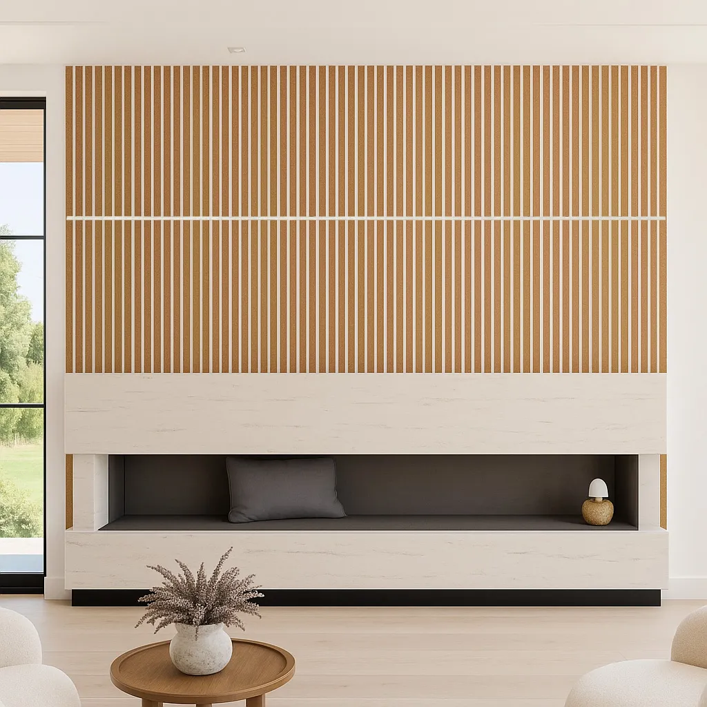 Luxury Living Room With Fireplace Surrounded By Slatwall White Natural Cork Wall Panels, Creating A Refined And Cozy Atmosphere With Balanced Lighting And Modern Furniture
