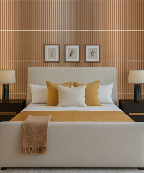 Luxury bedroom surrounded by Slatwall White Natural Cork Wall Panels, creating a refined and cozy atmosphere with balanced lighting and modern bed