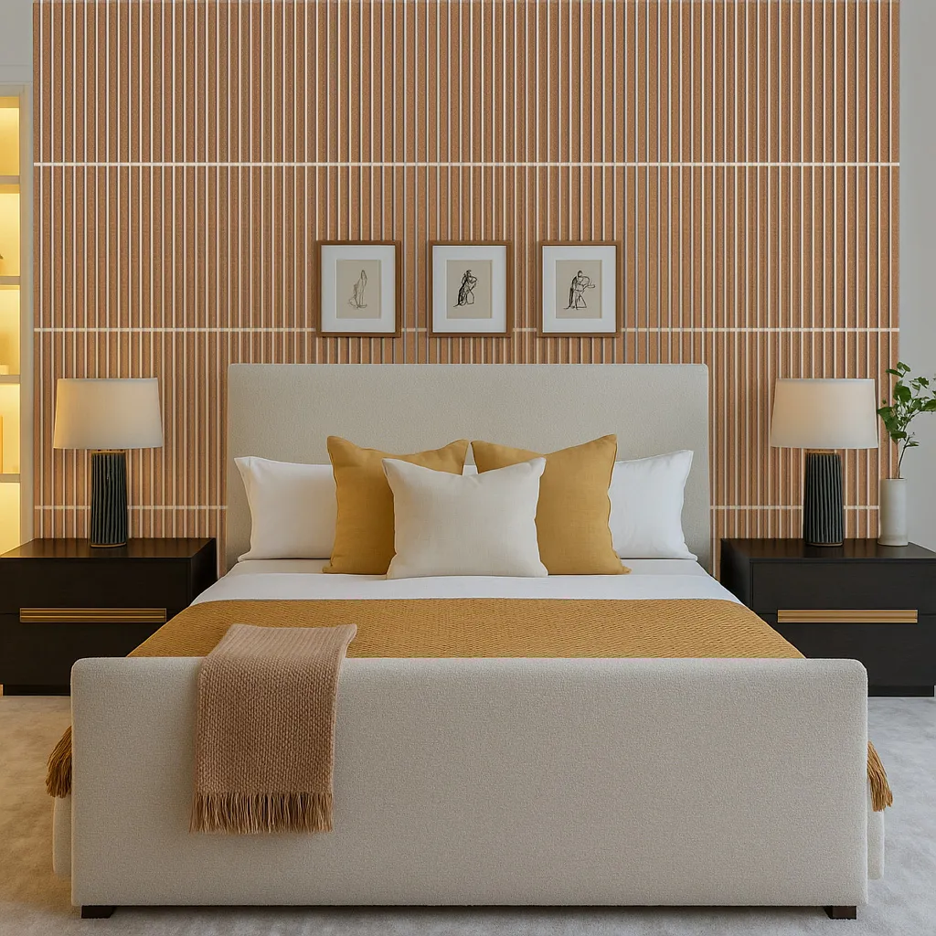 Luxury Bedroom Surrounded By Slatwall White Natural Cork Wall Panels, Creating A Refined And Cozy Atmosphere With Balanced Lighting And Modern Bed