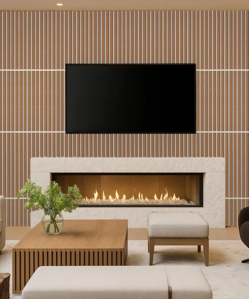 Slatwall White Natural 43/64” (17Mm) 3D Acoustic Cork Wall Panels Luxury Living Room With Fireplace Surrounded By Slatwall White Natural Cork Wall Panels, Creating A Refined And Cozy Atmosphere With Balanced Lighting And Modern Furniture