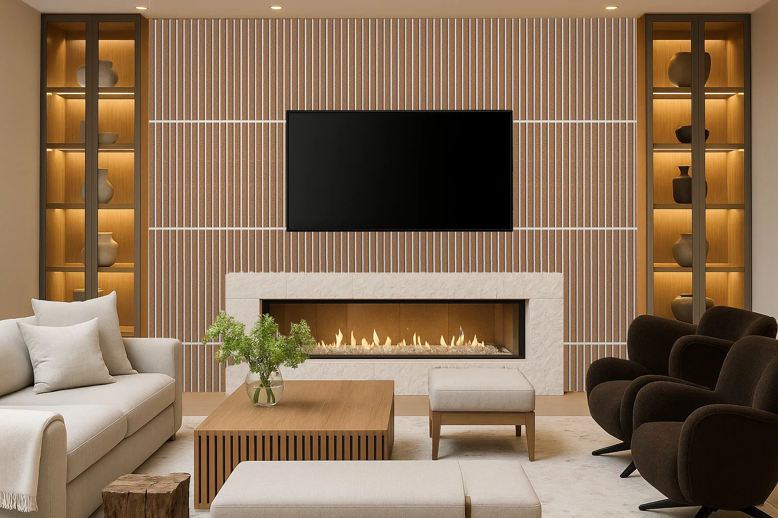 Luxury Living Room With Fireplace Surrounded By Slatwall White Natural Cork Wall Panels, Creating A Refined And Cozy Atmosphere With Balanced Lighting And Modern Furniture