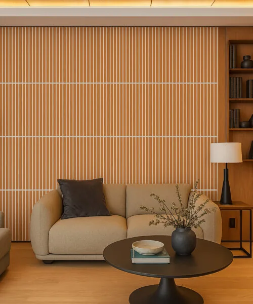 Slatwall White Natural 43/64” (17Mm) 3D Acoustic Cork Wall Panels Contemporary Feature Wall Finished With Slatwall White Natural Cork Wall Panels In A Bright, Minimalist Living Space — Natural Cork Texture Enhancing Warmth And Elegance In Modern Home Interiors.