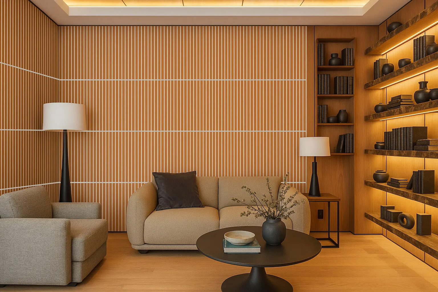 Contemporary Feature Wall Finished With Slatwall White Natural Cork Wall Panels In A Bright, Minimalist Living Space — Natural Cork Texture Enhancing Warmth And Elegance In Modern Home Interiors.