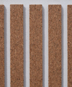 Natural cork slat acoustic wall panel with white backing for sound absorption, echo reduction, home theaters, offices, podcast studios, and modern interior design.