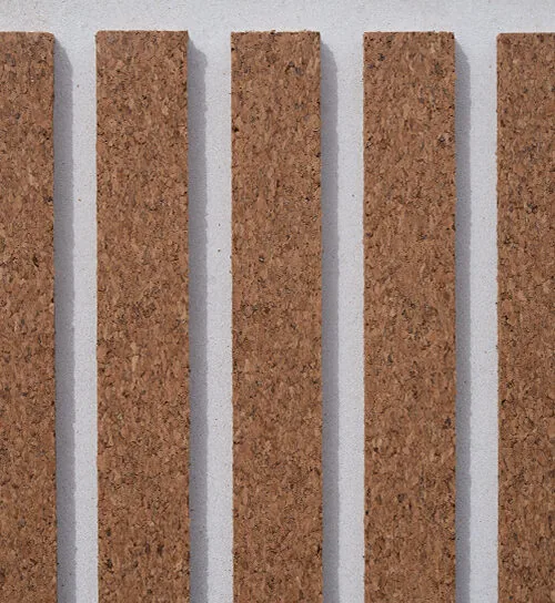 Natural cork slat acoustic wall panel with white backing for sound absorption, echo reduction, home theaters, offices, podcast studios, and modern interior design.