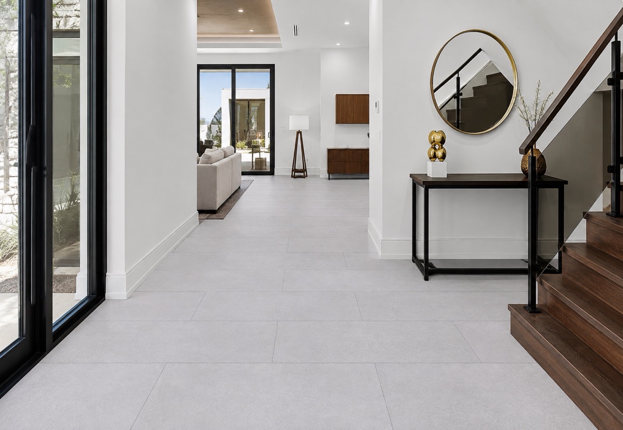 Snowstone - 19/64&Quot; (7.5Mm) - Swiss Techslate (Mcsnows7.5) Snowstone Contemporary Architectural Flooring Forms A Staggered Pale Gray Plank Layout Through A Hallway Beside A Staircase And Console Table.