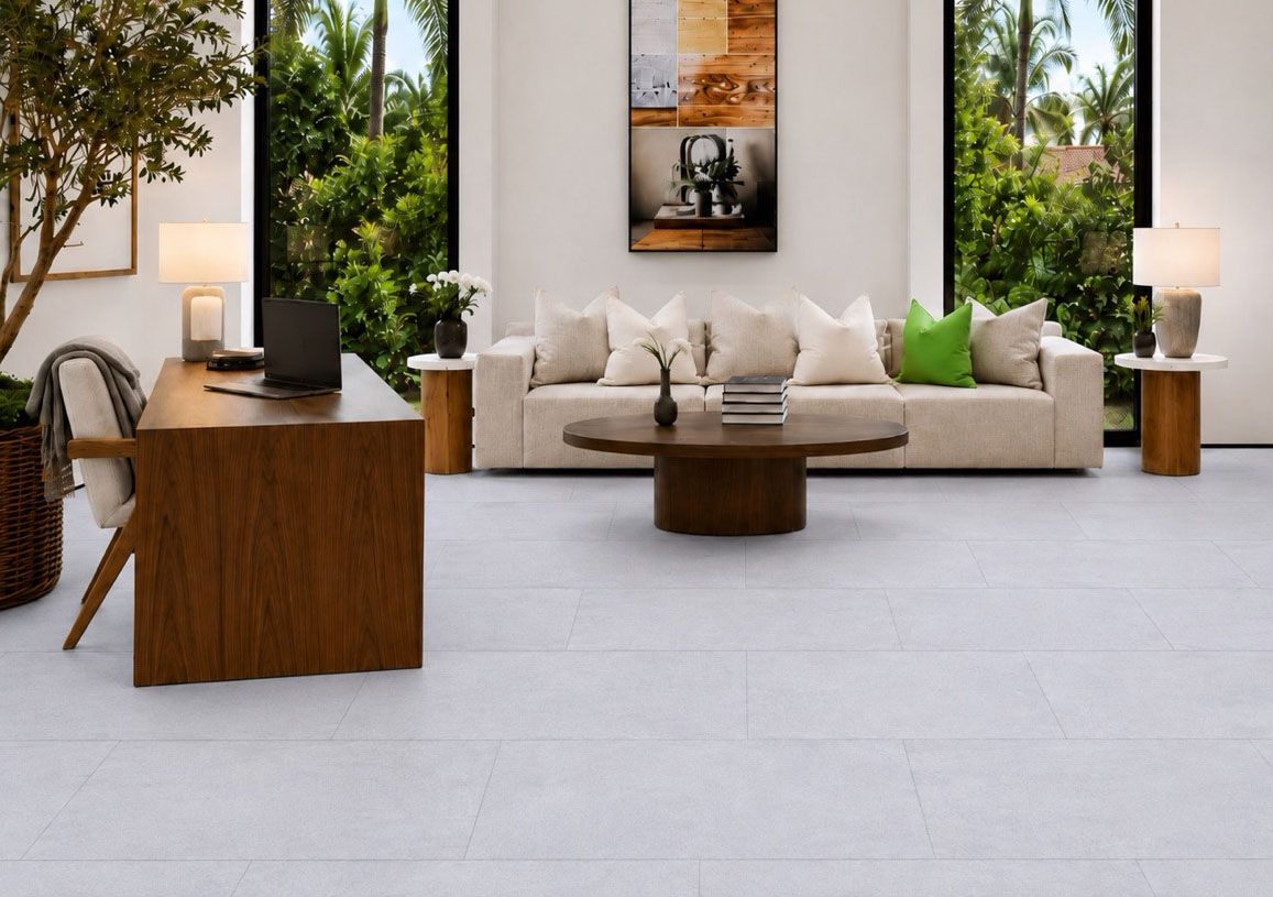 Snowstone - 19/64&Quot; (7.5Mm) - Swiss Techslate (Mcsnows7.5) Snowstone Eco-Friendly Flooring In A Pale Gray Concrete-Look Design Complements A Home Office With A Wood Desk And Sofa.