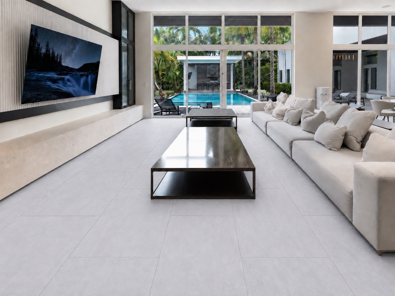 Snowstone - 19/64&Quot; (7.5Mm) - Swiss Techslate (Mcsnows7.5) Snowstone Large-Format Stone-Look Flooring Extends Across A Bright Living Room With White Sofas, A Dark Coffee Table, And Pool Views.