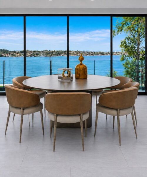 Snowstone - 19/64&Quot; (7.5Mm) - Swiss Techslate (Mcsnows7.5) Pale Gray Snowstone Stone-Look Flooring Creates A Modern Dining Room With A Round Table, Leather Chairs, And Expansive Waterfront Windows.