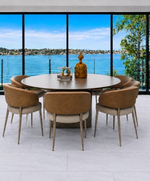 Snowstone - 19/64&Quot; (7.5Mm) - Swiss Techslate (Mcsnows7.5) Snowstone Sustainable Flooring With Subtle Pale Gray Surface Variation Appears Beneath A Round Dining Table Overlooking A Blue Waterfront.