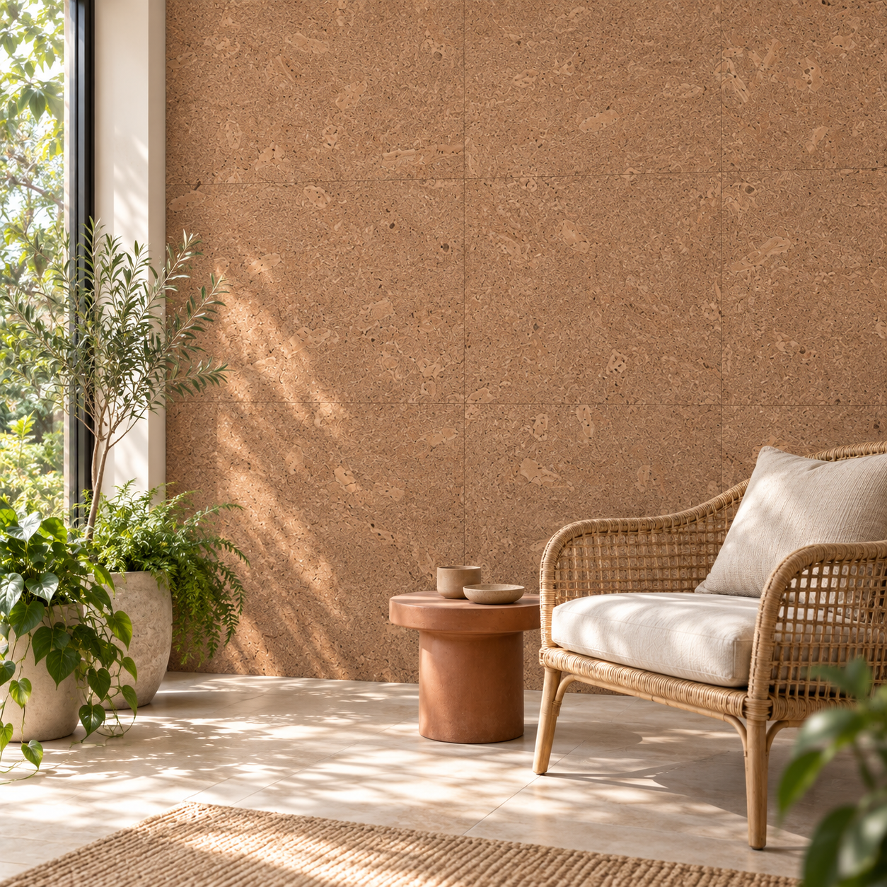 Solara - 1/4&Quot; (6Mm) - Solid Unfinished Cork Glue Down Tile (Gsol6) Solara Glue-Down Cork Tiles In A Garden Sunroom — Wall Application Visualization