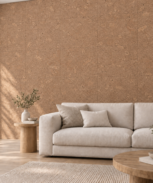 Solara glue-down cork tiles on a living room accent wall — visualization