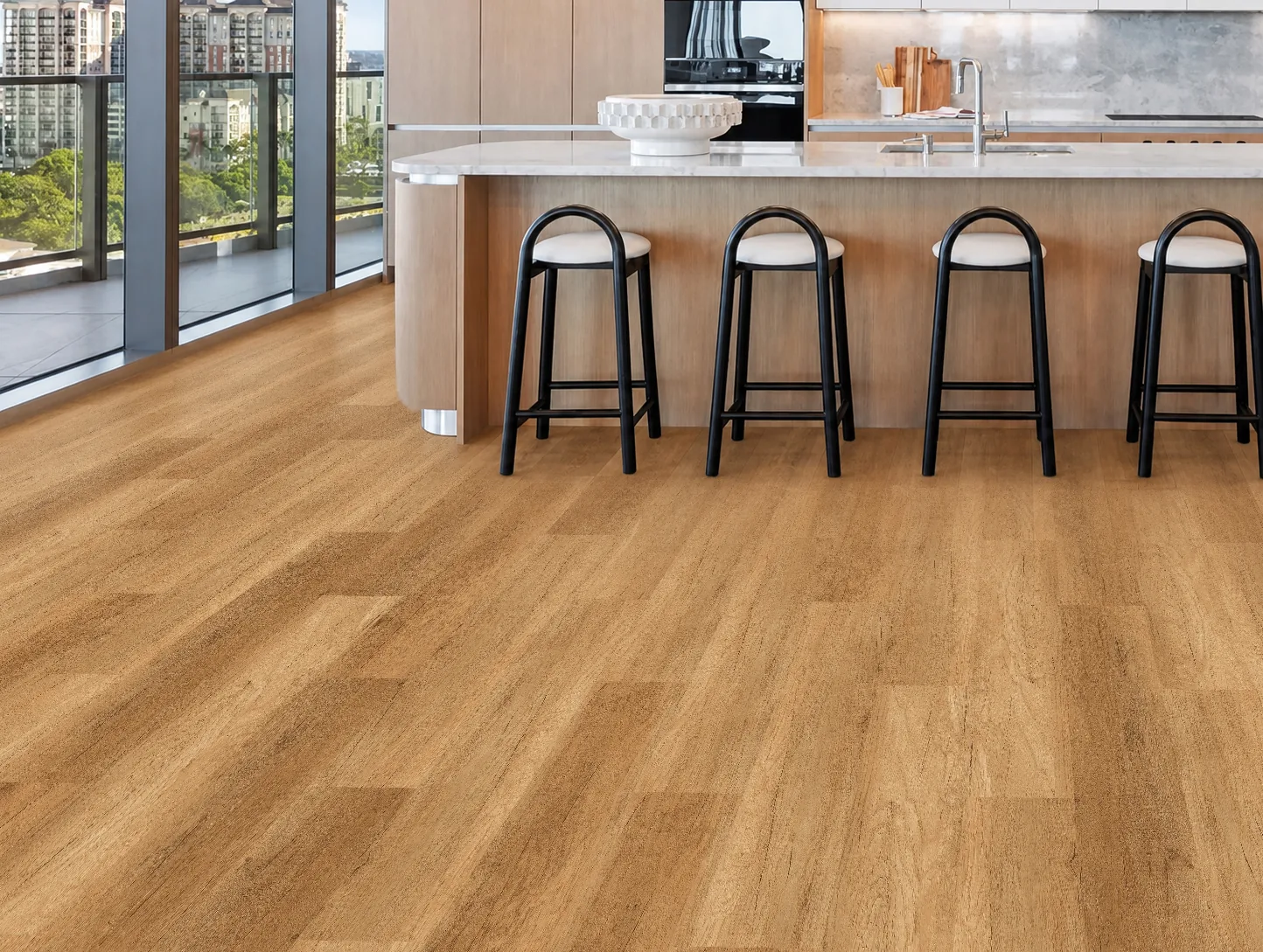 Spanish Cedar - 13/32&Quot; (10.5Mm) - Design Cork Floating (Fsc10.5) Spanish Cedar Golden-Brown Cork Flooring Surrounding A Large Island In A Contemporary Kitchen.