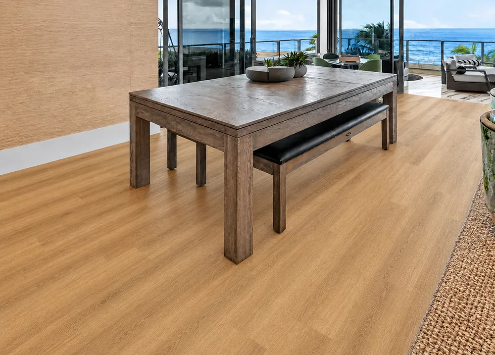 Spanish Cedar - 13/32&Quot; (10.5Mm) - Design Cork Floating (Fsc10.5) Spanish Cedar Golden-Brown Cork Floating Flooring With A Natural Wood-Grain Pattern In An Ocean-View Dining Room.