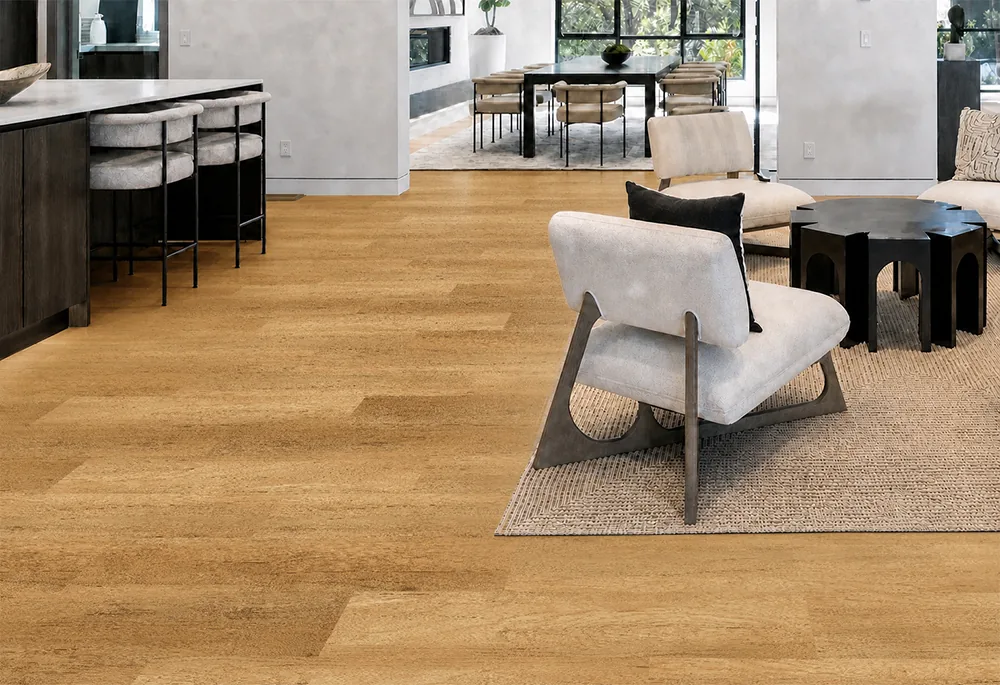 Spanish Cedar - 13/32&Quot; (10.5Mm) - Design Cork Floating (Fsc10.5) Spanish Cedar Golden-Tan Cork Plank Flooring Connecting An Open-Concept Living Room, Kitchen, And Dining Area.