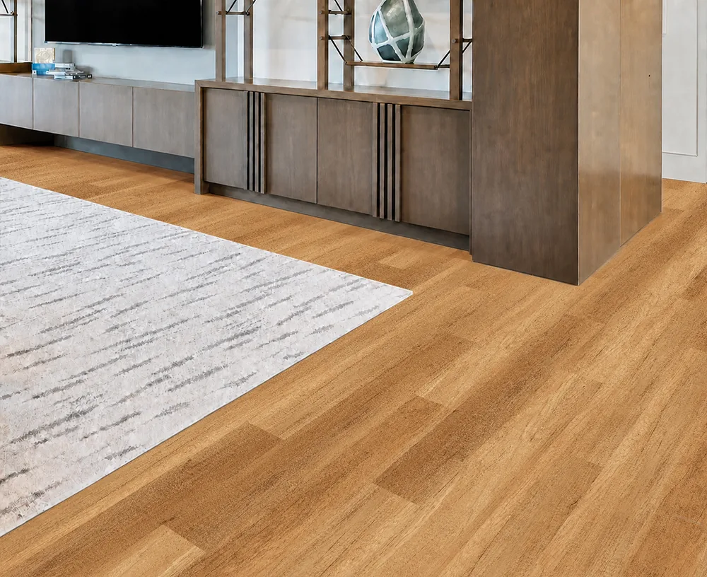 Spanish Cedar - 13/32&Quot; (10.5Mm) - Design Cork Floating (Fsc10.5) Spanish Cedar Medium-Brown Cork Plank Flooring With A Linear Grain Pattern In A Modern Living Room.