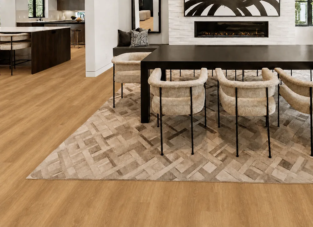 Spanish Cedar - 13/32&Quot; (10.5Mm) - Design Cork Floating (Fsc10.5) Spanish Cedar Natural Wood-Grain Cork Flooring In An Open-Plan Dining Room With A Modern Fireplace.