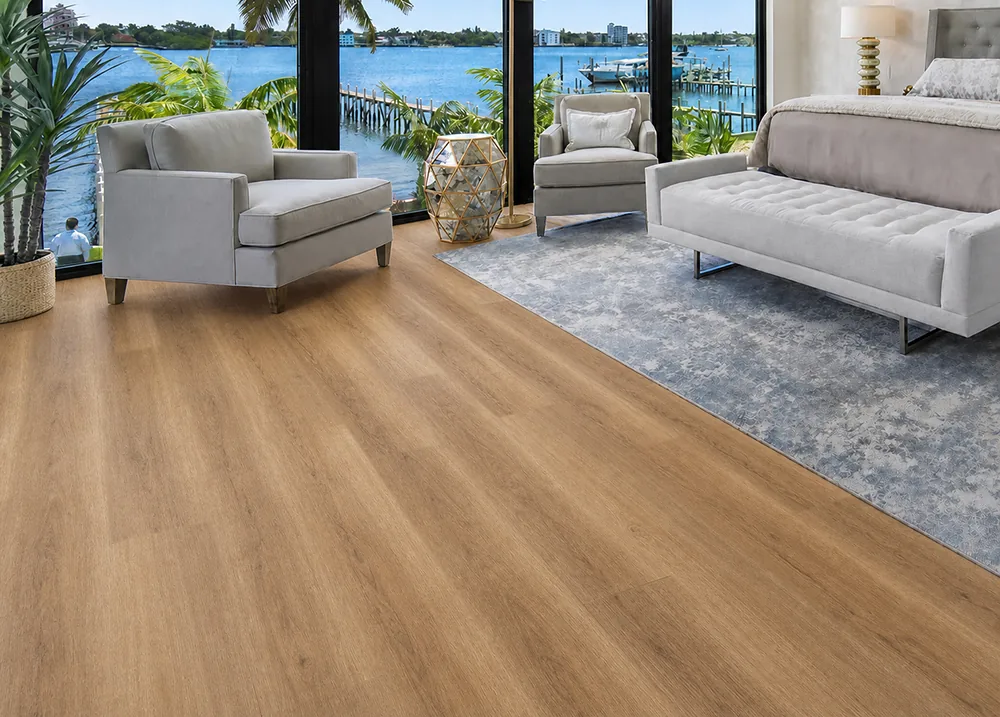 Spanish Cedar - 13/32&Quot; (10.5Mm) - Design Cork Floating (Fsc10.5) Spanish Cedar Natural Wood-Look Cork Flooring In A Waterfront Living Room With Floor-To-Ceiling Windows.