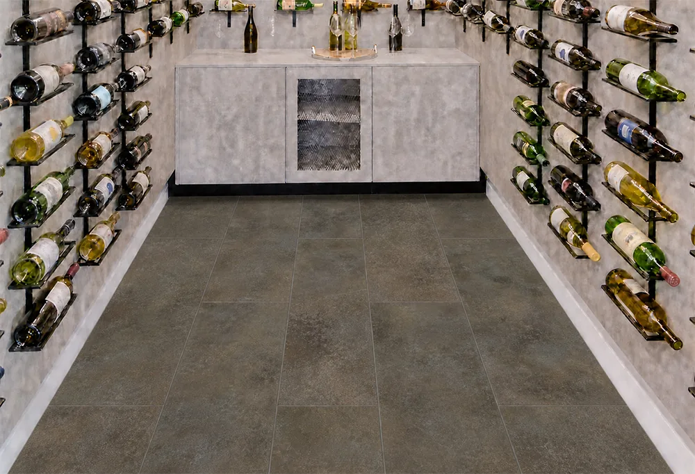 Sunlit Stone - 19/64&Quot; (7.5Mm) - Swiss Techslate (Msunst7.5) Sunlit Stone Dark Taupe Swiss Techslate Flooring Installed In A Contemporary Wine Cellar.
