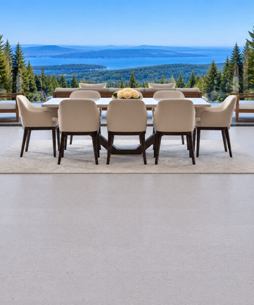 Sustainazzo 10Mm Cork Floating Flooring With Light Gray Terrazzo Texture In A Mountain Lake-View Dining Room.
