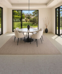 Modular - 7/16&Quot; (11Mm) - Swiss Real Cork Floating (Fmod11) Modern Dining Space Featuring Light Gray Cork Flooring, Soft Neutral Tones, And Floor-To-Ceiling Glass Doors