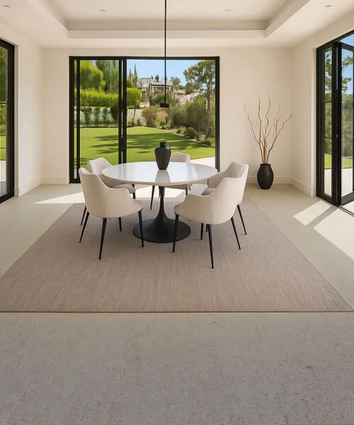 Modular - 7/16&Quot; (11Mm) - Swiss Real Cork Floating (Fmod11) Modern Dining Space Featuring Light Gray Cork Flooring, Soft Neutral Tones, And Floor-To-Ceiling Glass Doors