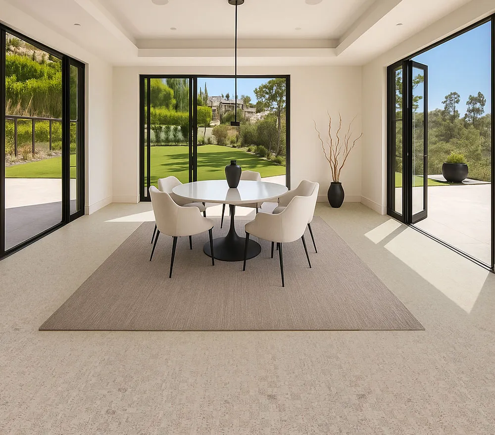 Modular - 7/16&Quot; (11Mm) - Swiss Real Cork Floating (Fmod11) Modern Dining Space Featuring Light Gray Cork Flooring, Soft Neutral Tones, And Floor-To-Ceiling Glass Doors