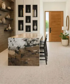 Contemporary kitchen interior with light gray cork floor, stone island, and warm wood finishes