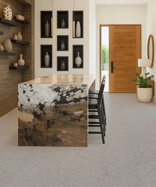 Contemporary kitchen interior with light gray cork floor, stone island, and warm wood finishes
