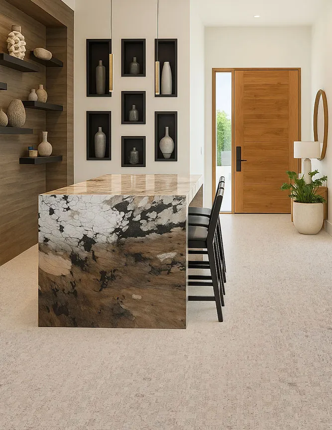 Modular - 7/16&Quot; (11Mm) - Swiss Real Cork Floating (Fmod11) Contemporary Kitchen Interior With Light Gray Cork Floor, Stone Island, And Warm Wood Finishes