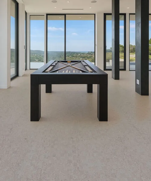 Modular - 7/16&Quot; (11Mm) - Swiss Real Cork Floating (Fmod11) Stylish Game Room With Billiards Table Set On Light Gray Cork Flooring And Expansive Window Views