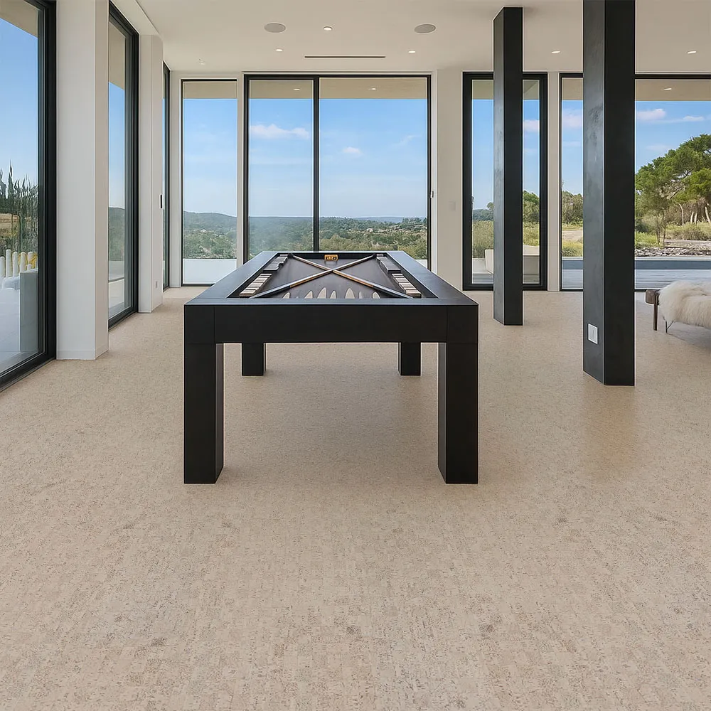 Modular - 7/16&Quot; (11Mm) - Swiss Real Cork Floating (Fmod11) Stylish Game Room With Billiards Table Set On Light Gray Cork Flooring And Expansive Window Views