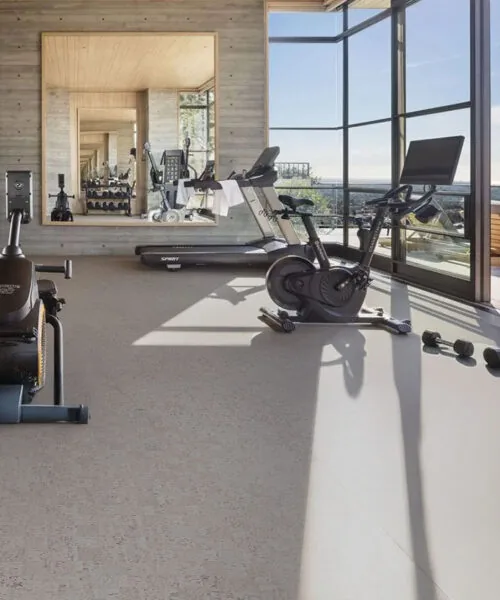 Modular - 7/16&Quot; (11Mm) - Swiss Real Cork Floating (Fmod11) Bright Home Fitness Room With Cork Flooring In Light Gray, Gym Equipment, And Panoramic City View
