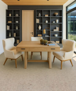 Modular - 7/16&Quot; (11Mm) - Swiss Real Cork Floating (Fmod11) Minimalist Home Office With Light Gray Cork Flooring, Natural Wood Desk, And Built-In Shelving