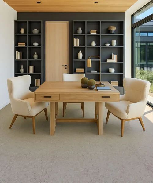 Modular - 7/16&Quot; (11Mm) - Swiss Real Cork Floating (Fmod11) Minimalist Home Office With Light Gray Cork Flooring, Natural Wood Desk, And Built-In Shelving