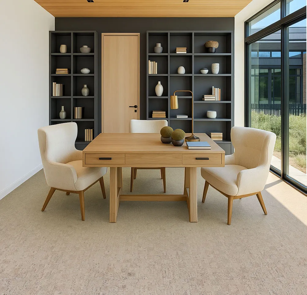 Modular - 7/16&Quot; (11Mm) - Swiss Real Cork Floating (Fmod11) Minimalist Home Office With Light Gray Cork Flooring, Natural Wood Desk, And Built-In Shelving