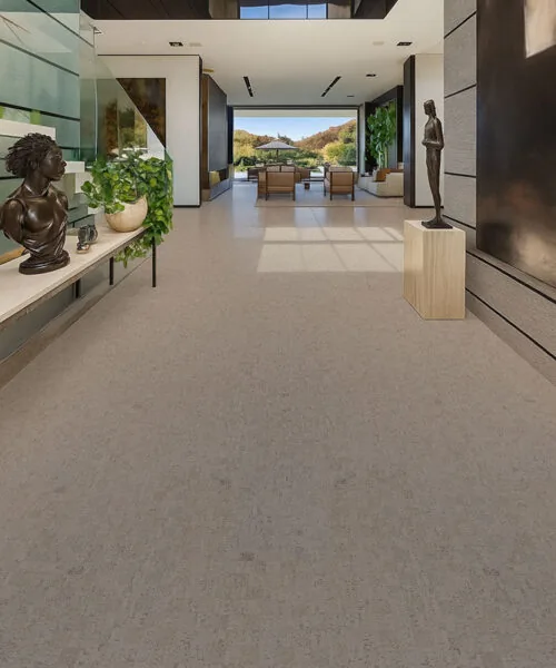 Modular - 7/16&Quot; (11Mm) - Swiss Real Cork Floating (Fmod11) Spacious Modern Hallway With Light Gray Cork Floors, High Ceilings, And Luxury Interior Design Elements