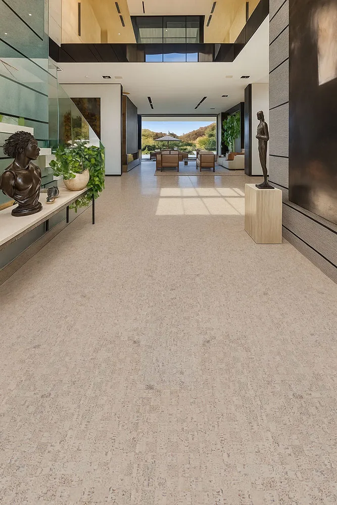 Modular - 7/16&Quot; (11Mm) - Swiss Real Cork Floating (Fmod11) Spacious Modern Hallway With Light Gray Cork Floors, High Ceilings, And Luxury Interior Design Elements