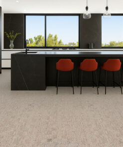 Modular - 7/16&Quot; (11Mm) - Swiss Real Cork Floating (Fmod11) Sleek Modern Kitchen With Dark Cabinetry And Light Gray Cork Flooring For A Clean Contemporary Look