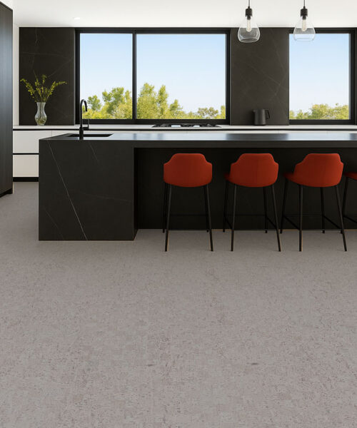 Modular - 7/16&Quot; (11Mm) - Swiss Real Cork Floating (Fmod11) Sleek Modern Kitchen With Dark Cabinetry And Light Gray Cork Flooring For A Clean Contemporary Look