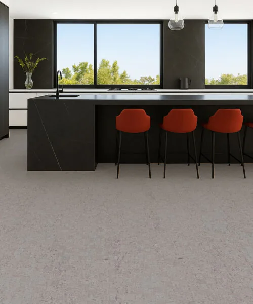 Modular - 7/16&Quot; (11Mm) - Swiss Real Cork Floating (Fmod11) Sleek Modern Kitchen With Dark Cabinetry And Light Gray Cork Flooring For A Clean Contemporary Look