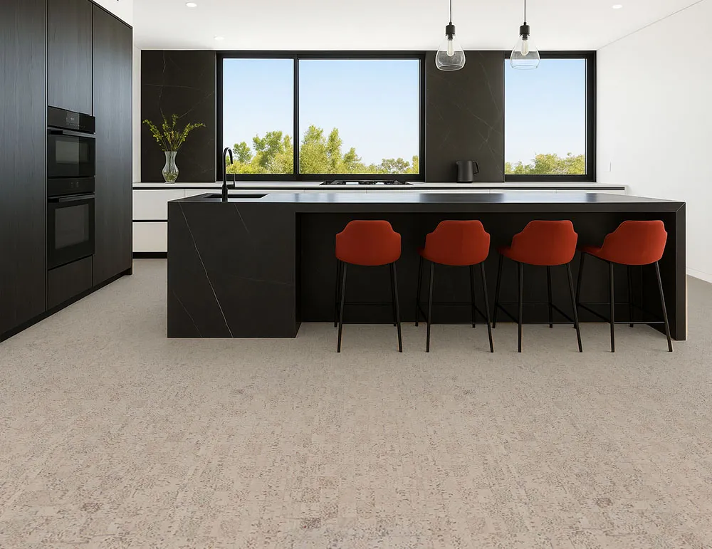 Modular - 7/16&Quot; (11Mm) - Swiss Real Cork Floating (Fmod11) Sleek Modern Kitchen With Dark Cabinetry And Light Gray Cork Flooring For A Clean Contemporary Look