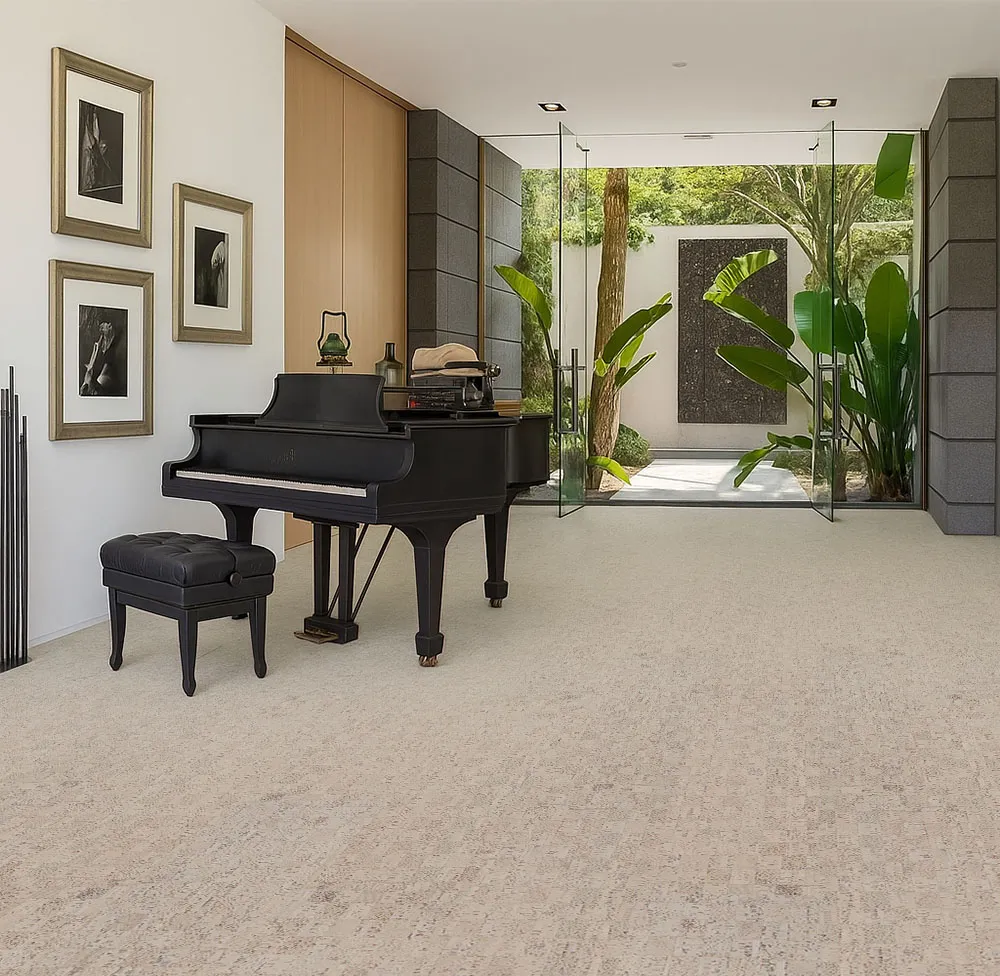 Modular - 7/16&Quot; (11Mm) - Swiss Real Cork Floating (Fmod11) Modern Living Area With Grand Piano And Light Gray Cork Flooring, Blending Indoor And Outdoor Spaces