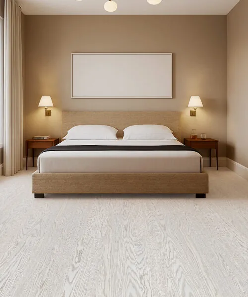 Serene Bedroom Design With Swiss Snow Cap Real Wood Floating Flooring, Warm Beige Walls, And A Low-Profile Upholstered Bed.