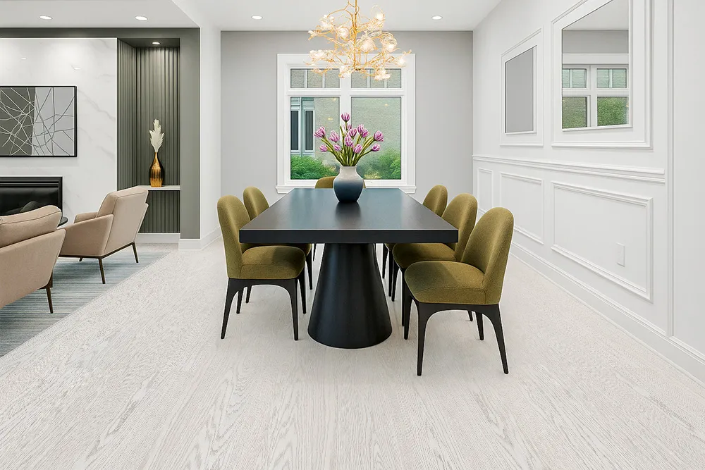 Bright Dining Space Featuring Swiss Snow Cap Real Wood Floating Flooring With A Matte White-Washed Finish, Paired With A Black Modern Table And Green Upholstered Chairs.