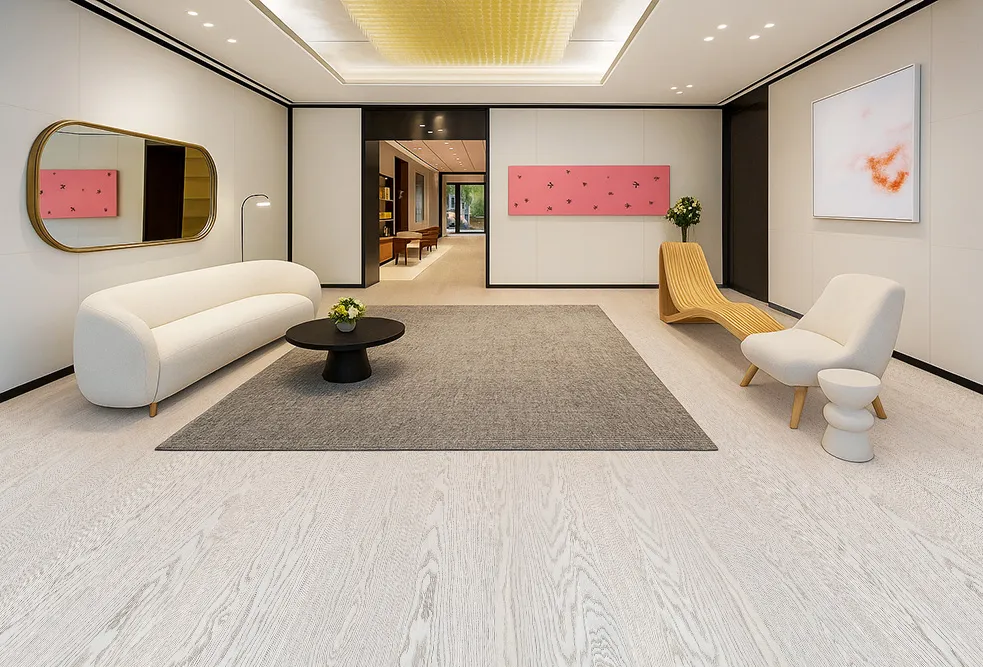 Modern Lounge Interior With Swiss Snow Cap Real Wood Floating Flooring, Showcasing Minimalist Furniture, Soft Neutral Tones, And Contemporary Wall Art.