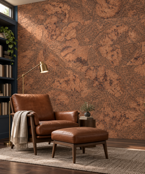 Tasmanian Burl glue-down cork tiles in a home library — wall application visualization