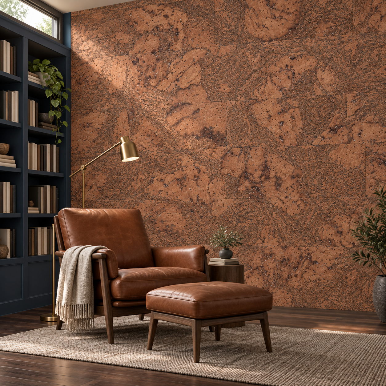 Tasmanian Burl - 1/4&Quot; (6Mm) - Cork Glue Down Tile (Gtbu6) Tasmanian Burl Glue-Down Cork Tiles In A Home Library — Wall Application Visualization