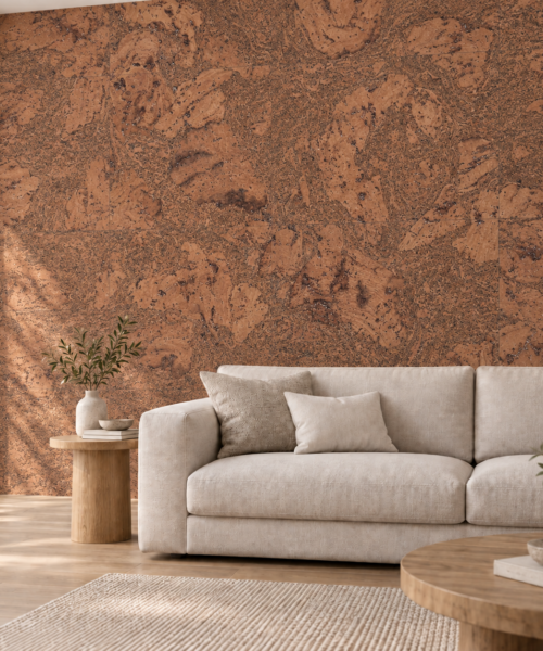 Tasmanian Burl glue-down cork tiles on a living room accent wall — visualization